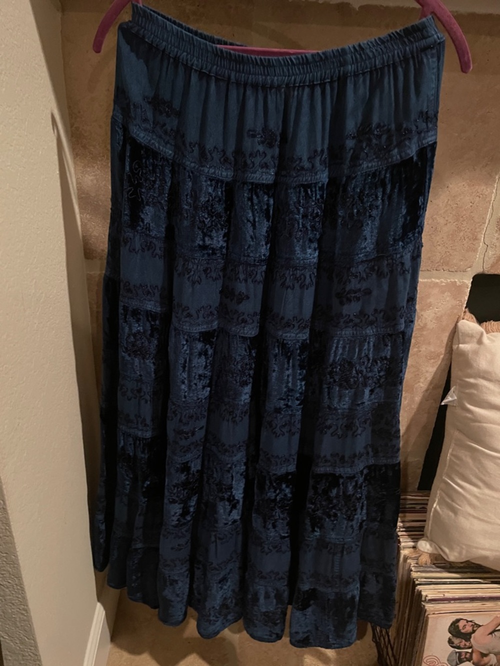 Soft Surroundings Blue embroidered velvet burnout skirt Lagenlook boho summer S